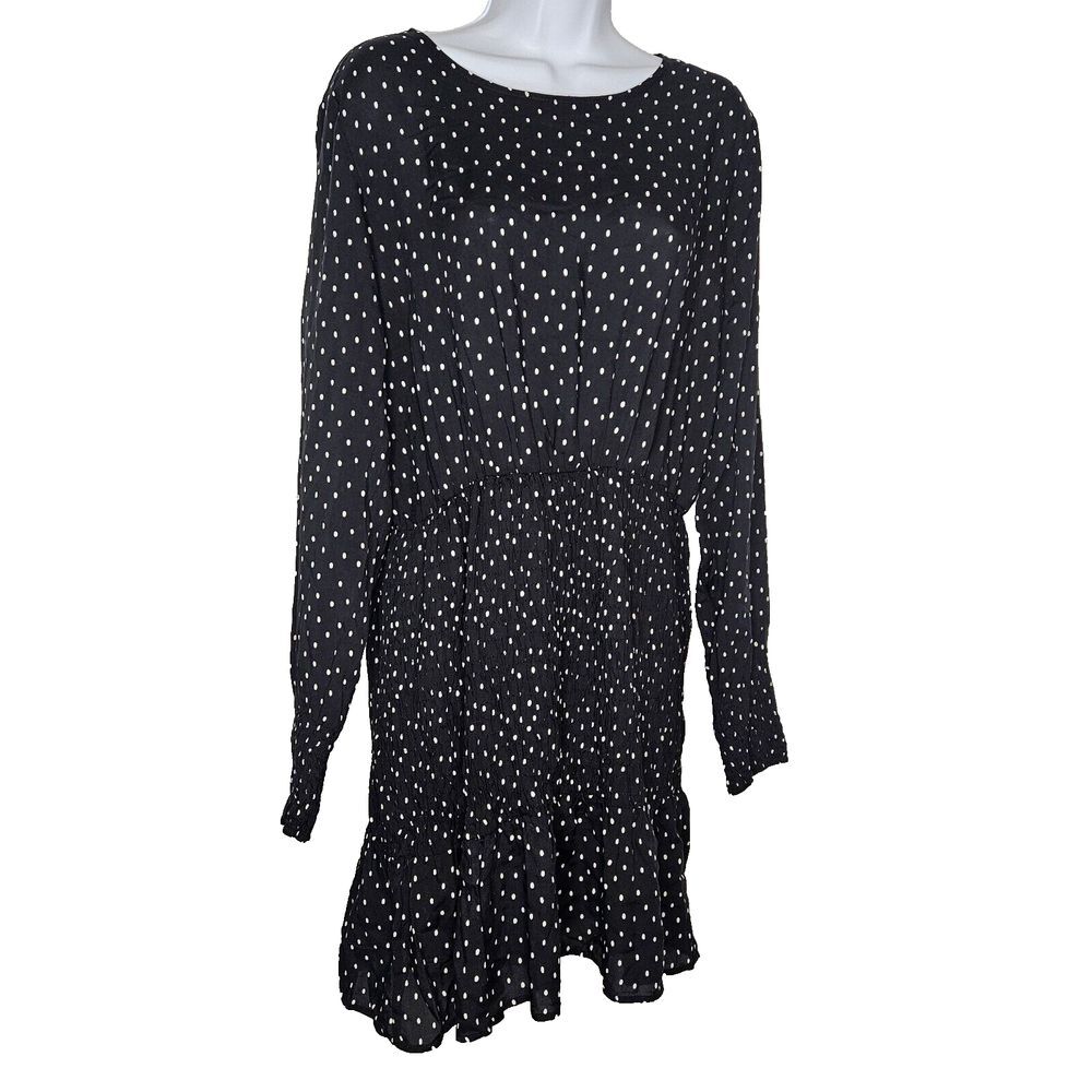 Topshop Polka Dot Dress Black White Long‎ Sleeve Boho Mini Cottagecore US 10